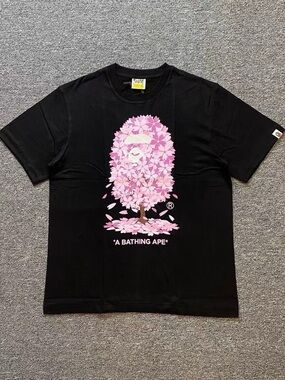 Bape Black Short Sleeve Tee with Pink Sakura Ape Tree Graphic
